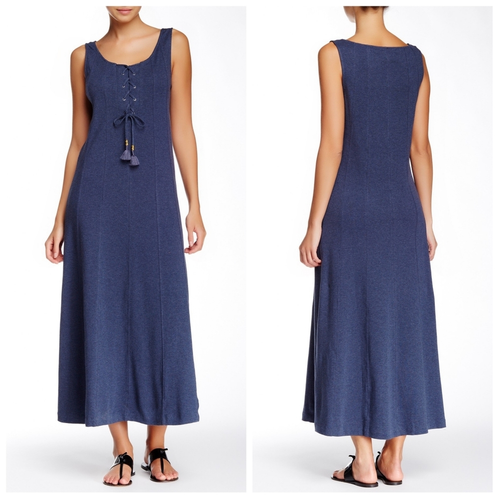 Joan Vass Tassel Tie Maxi Corset Front Stretch Long Dress Nap Dress NEW